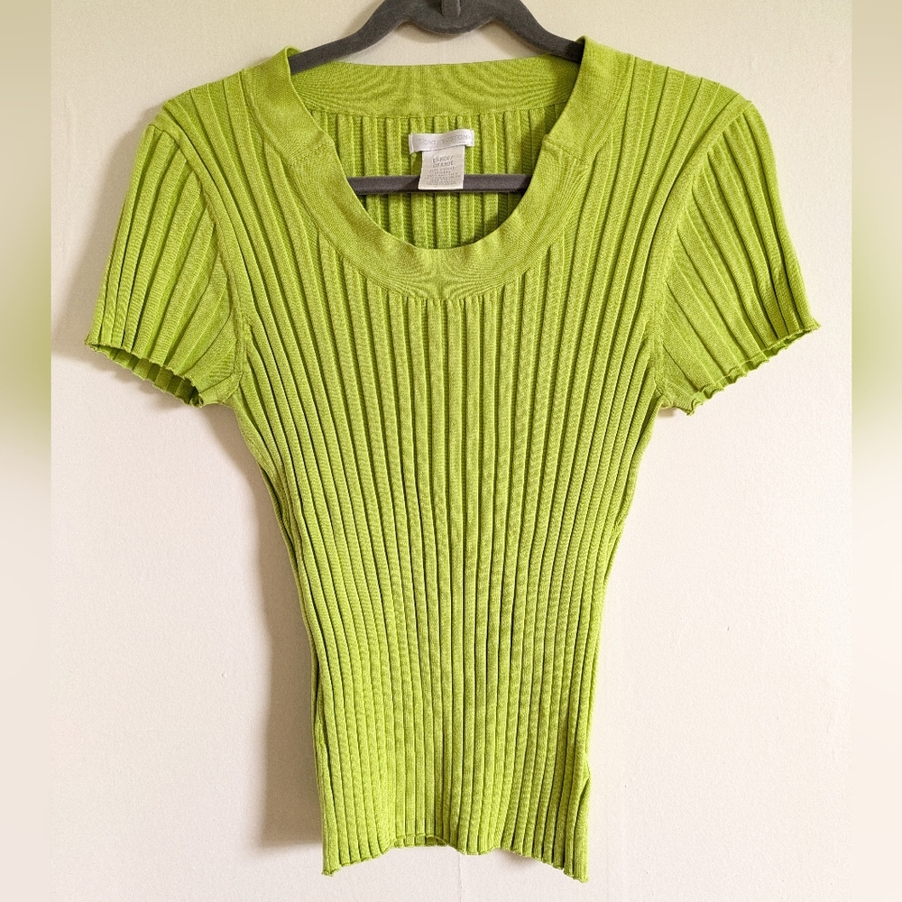 Worthington Silk blend Lime Green Ribbed Knit Short Sleeve Top shirt Women Large
